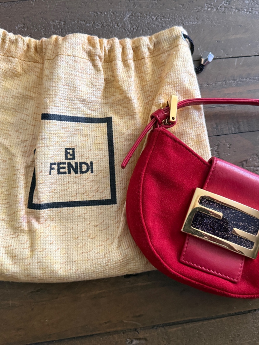 Fendi Red Mini Shoulder Baguette with Gold Logo Plaque